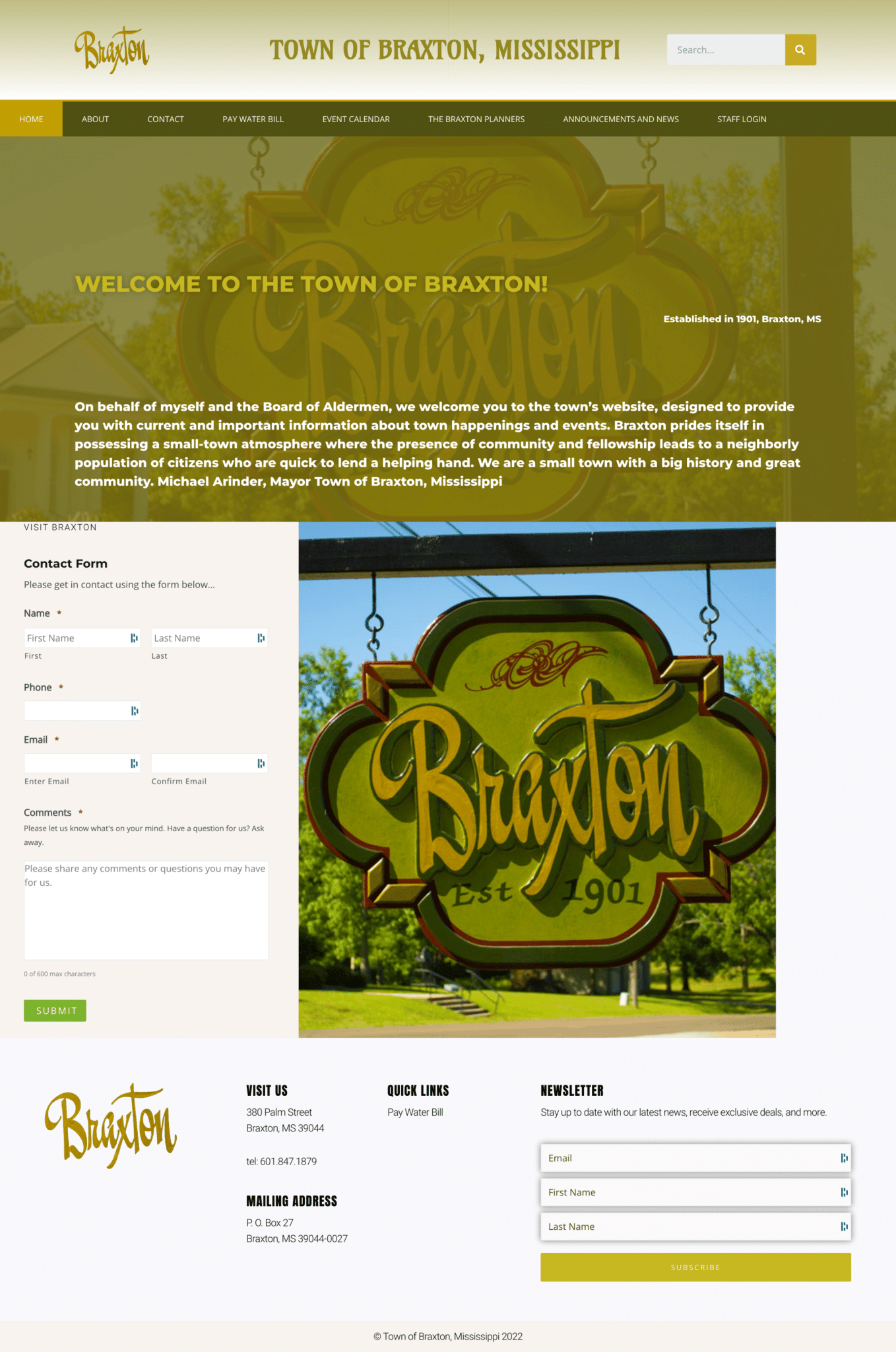 Braxton welcome sign with contact form.