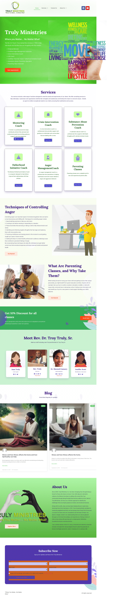 Truly Ministries homepage with services and blog sections.