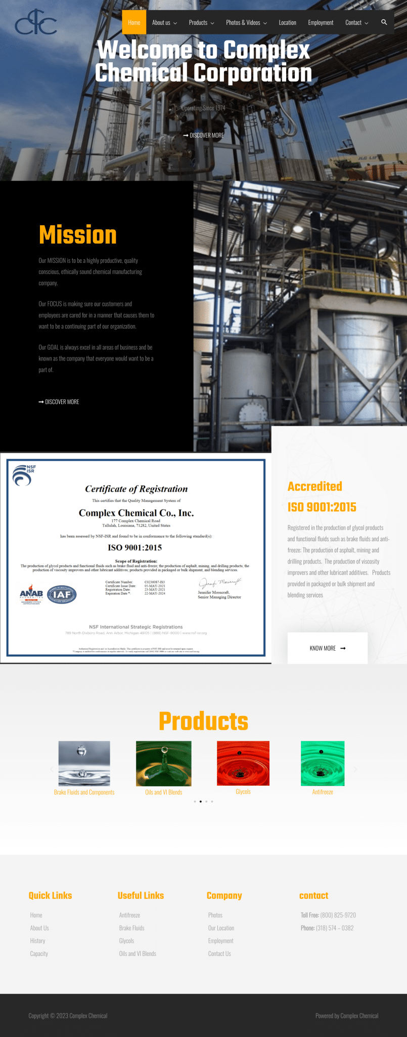 Complex Chemical Corporation homepage showcasing products.