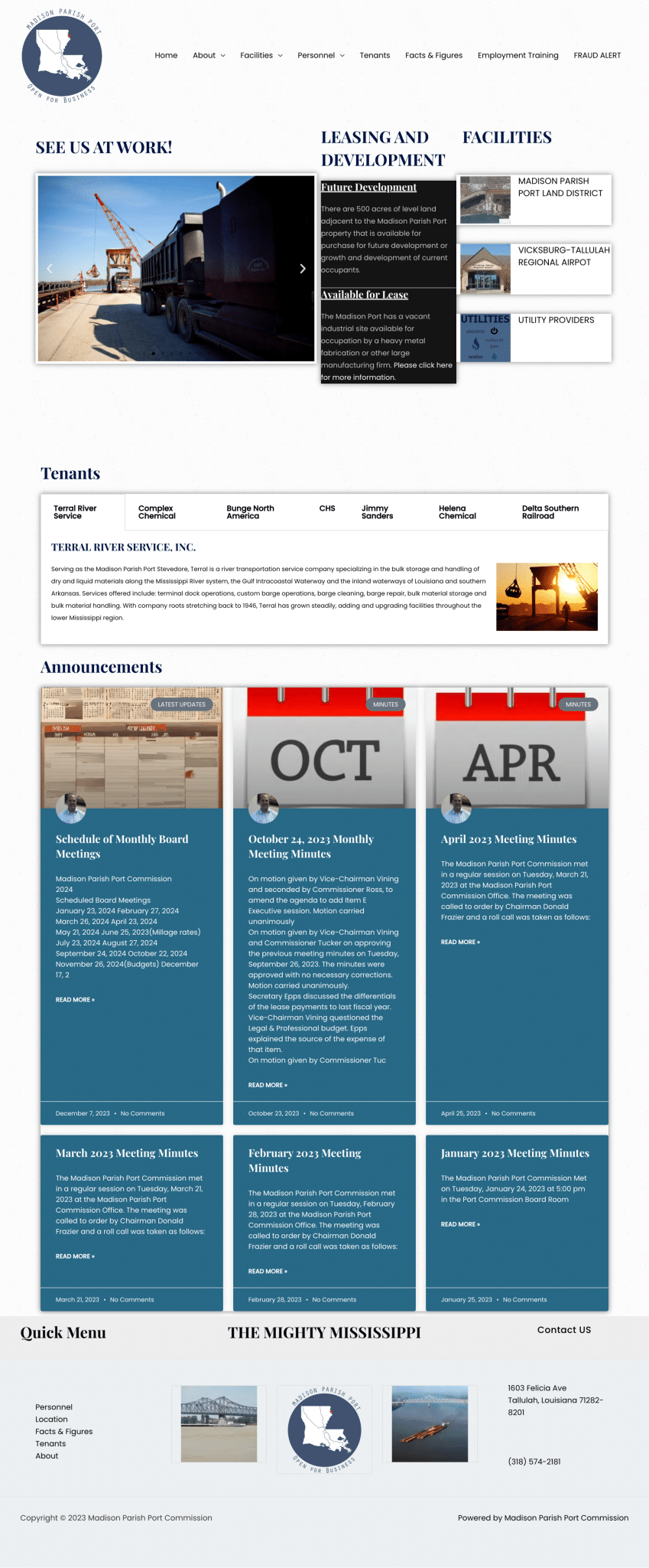 Madison Parish Port Commission homepage with updates and announcements.