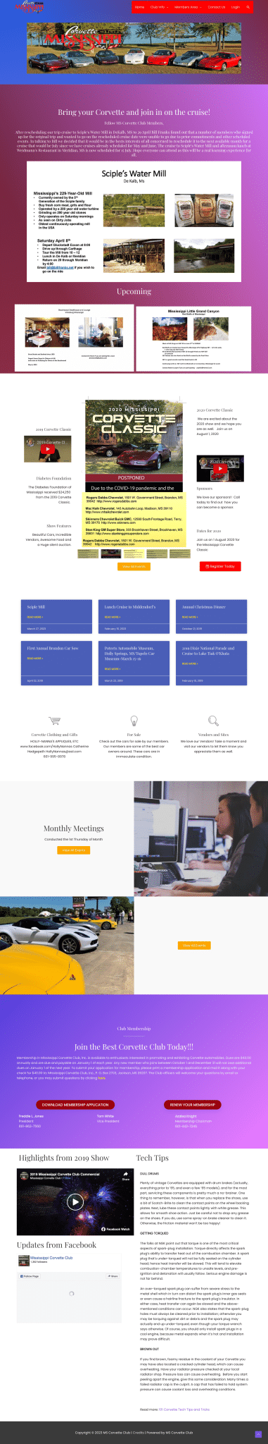 Corvette club events and information page.