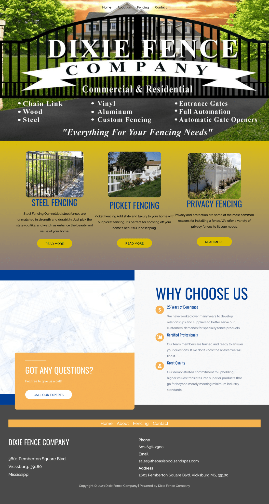 Dixie Fence Company homepage highlighting fencing services.