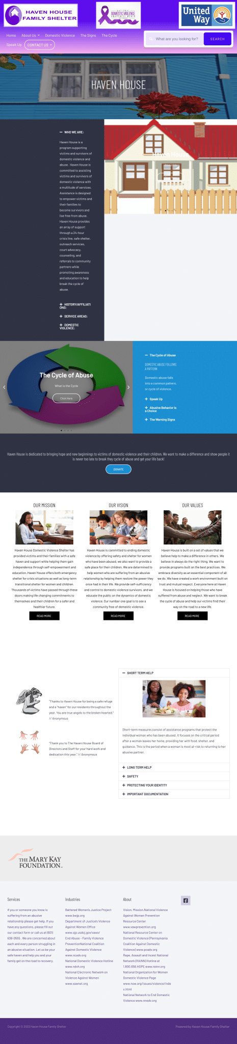 Haven House Family Shelter website homepage screenshot.