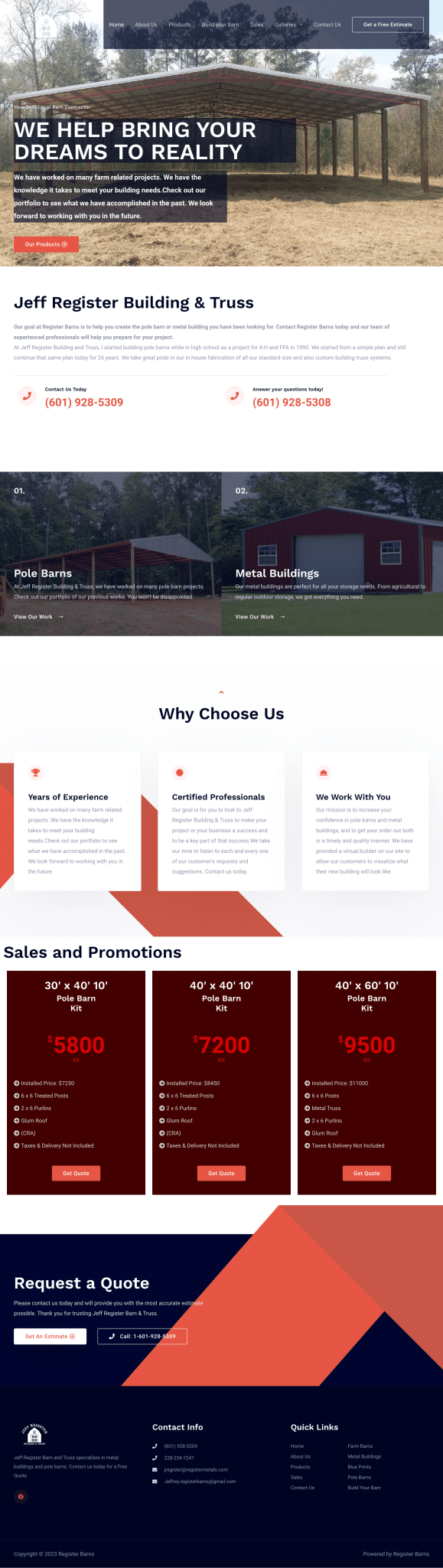 Barn construction services promotional webpage.