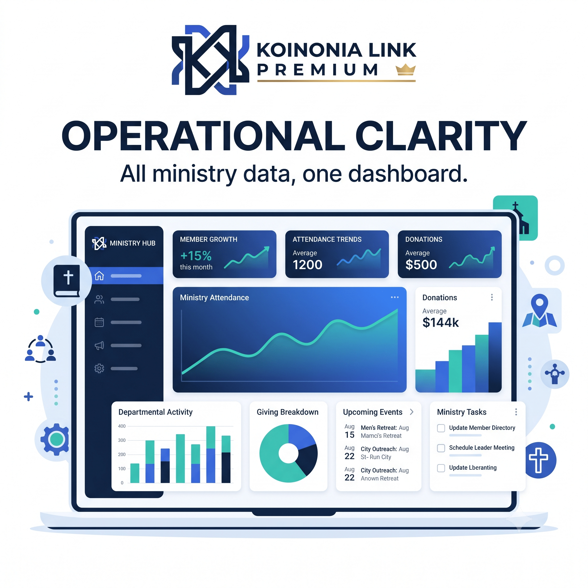 Church ministry analytics dashboard on laptop screen