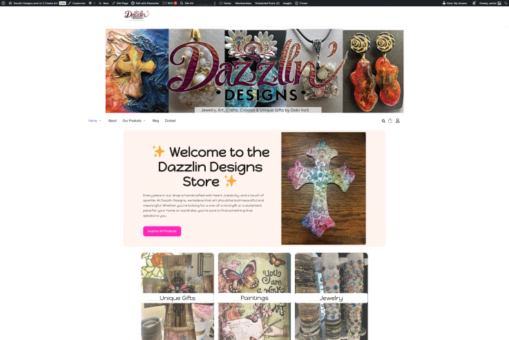 Dazzlin Designs store homepage with featured items and offers.