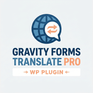 A professional WooCommerce product main image for Gravity Forms Translate Pro, featuring a branded box, WordPress dashboard screenshots, localized forms, and multiple national flags.