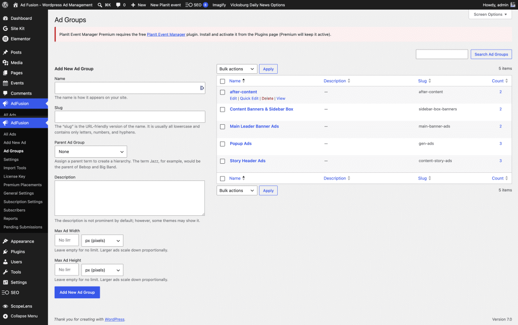 WordPress Ad Fusion Ad Groups dashboard screen