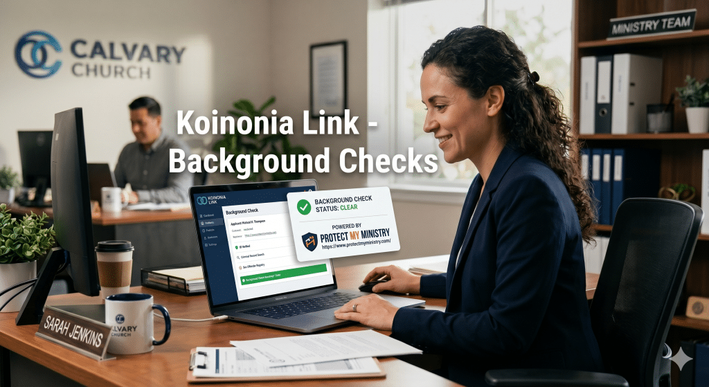 Church staff reviewing background check on laptop