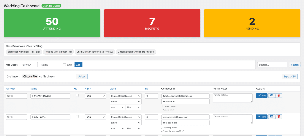 Wedding guest dashboard with RSVP statistics and guest list