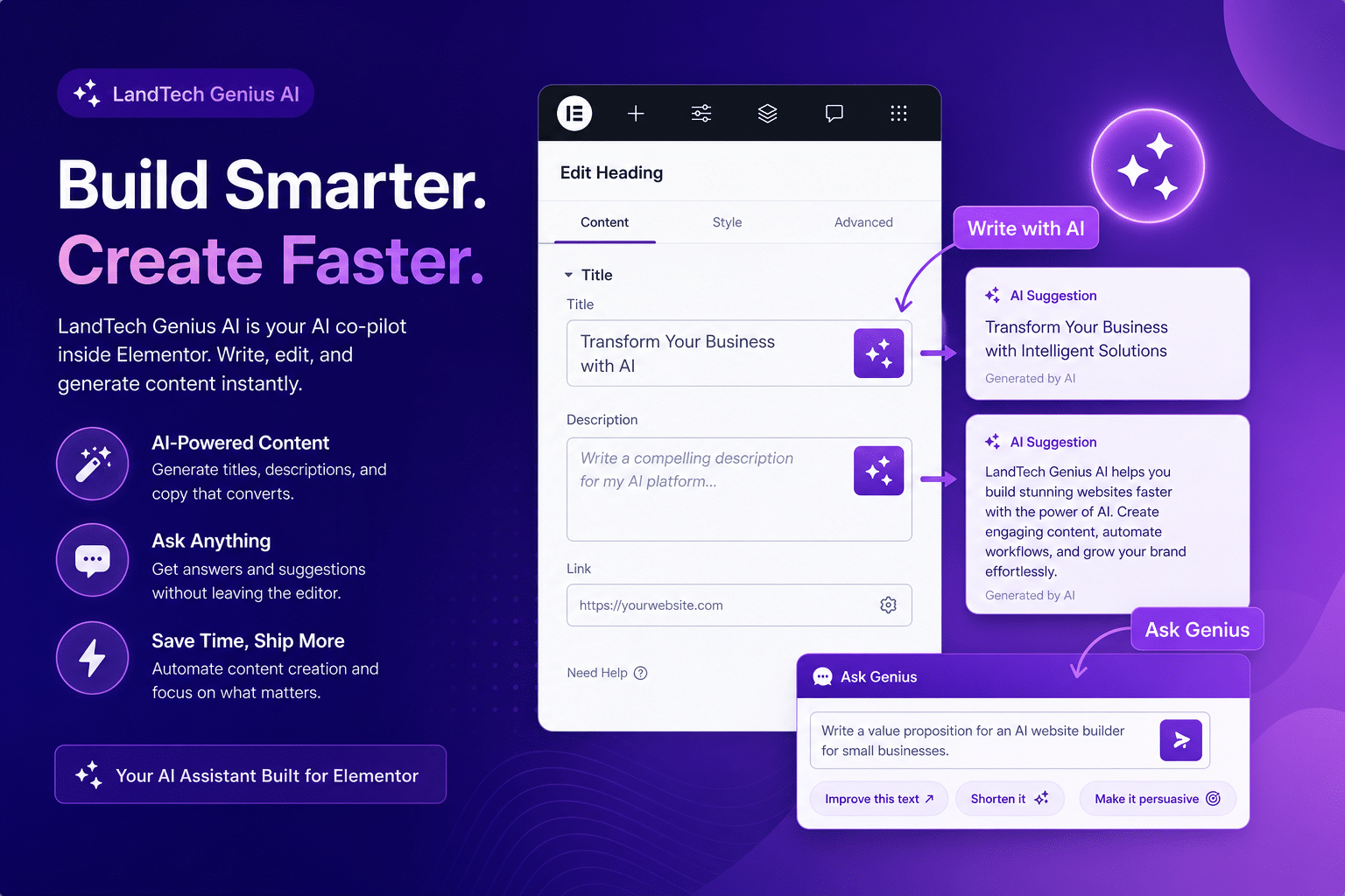 LandTech Genius AI assistant in the Elementor editor