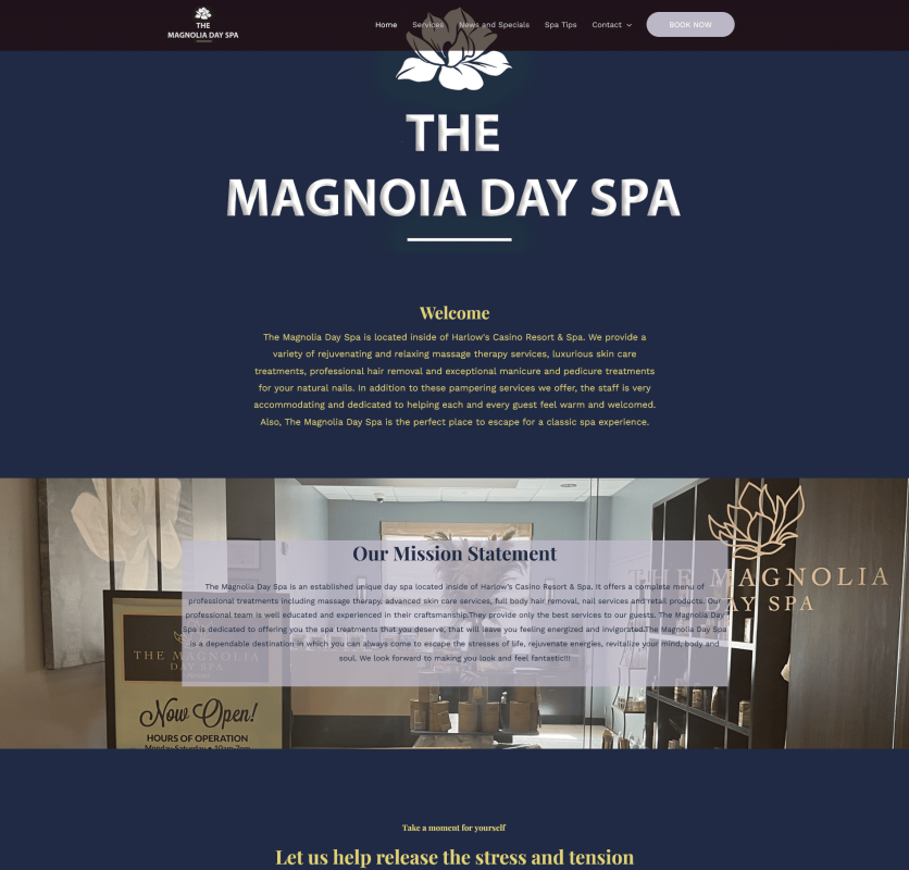 Magnolia Day Spa homepage with welcoming text and mission statement.