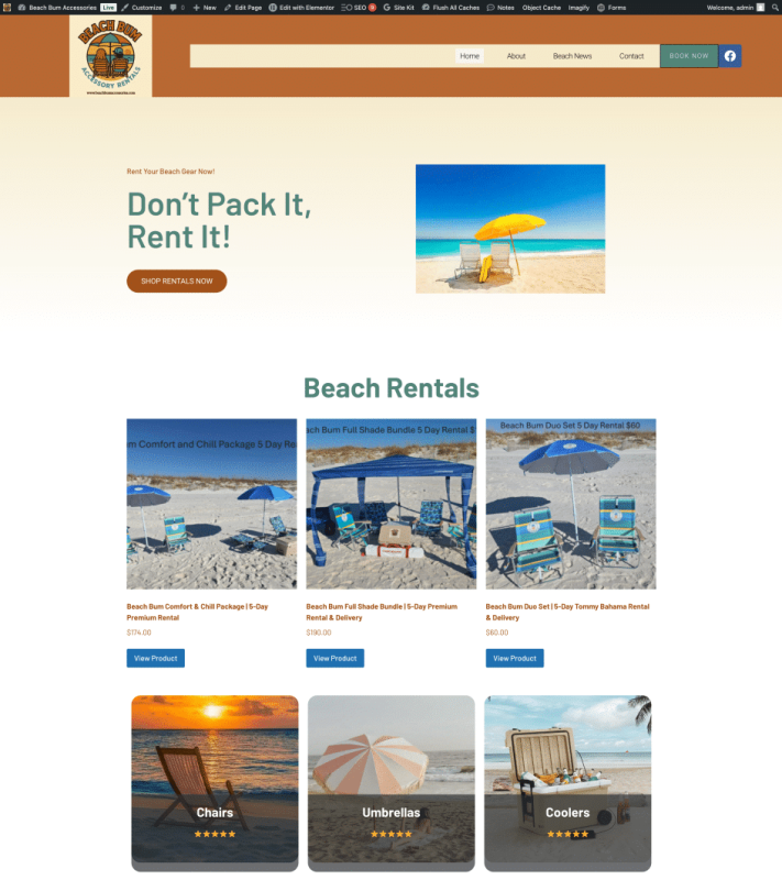 Beach gear rental webpage screenshot