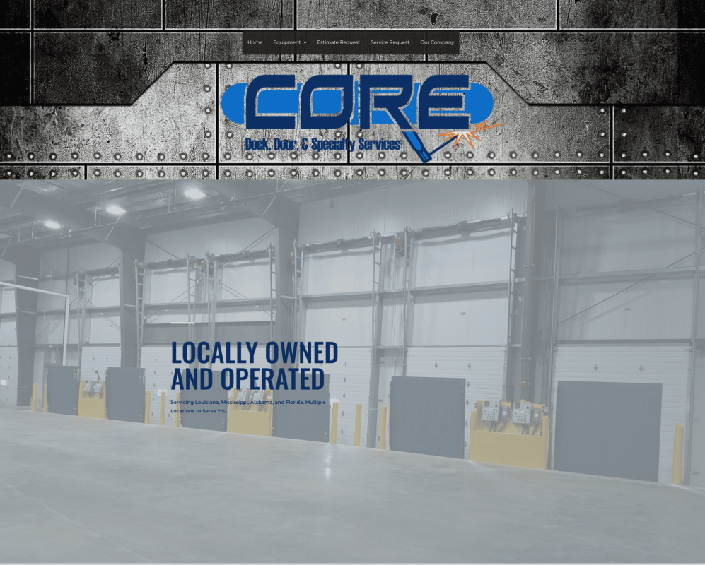 Warehouse with loading docks and Core company logo.