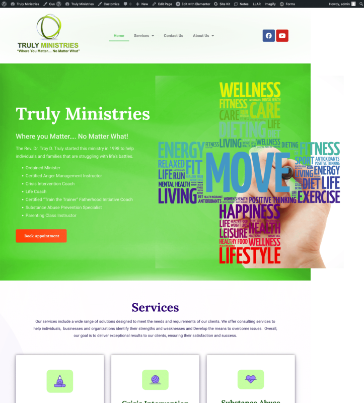 Truly Ministries homepage promoting wellness and services.